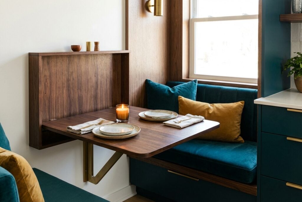Wall-mounted Murphy table folded down with place settings in studio apartment creating space-saving dining solutions