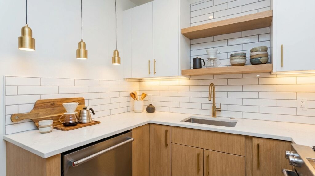 5 Rental Kitchen Upgrades That Look Like A Custom Remodel Bright modern kitchen transformation with high-end finishes and warm lighting showcasing custom look