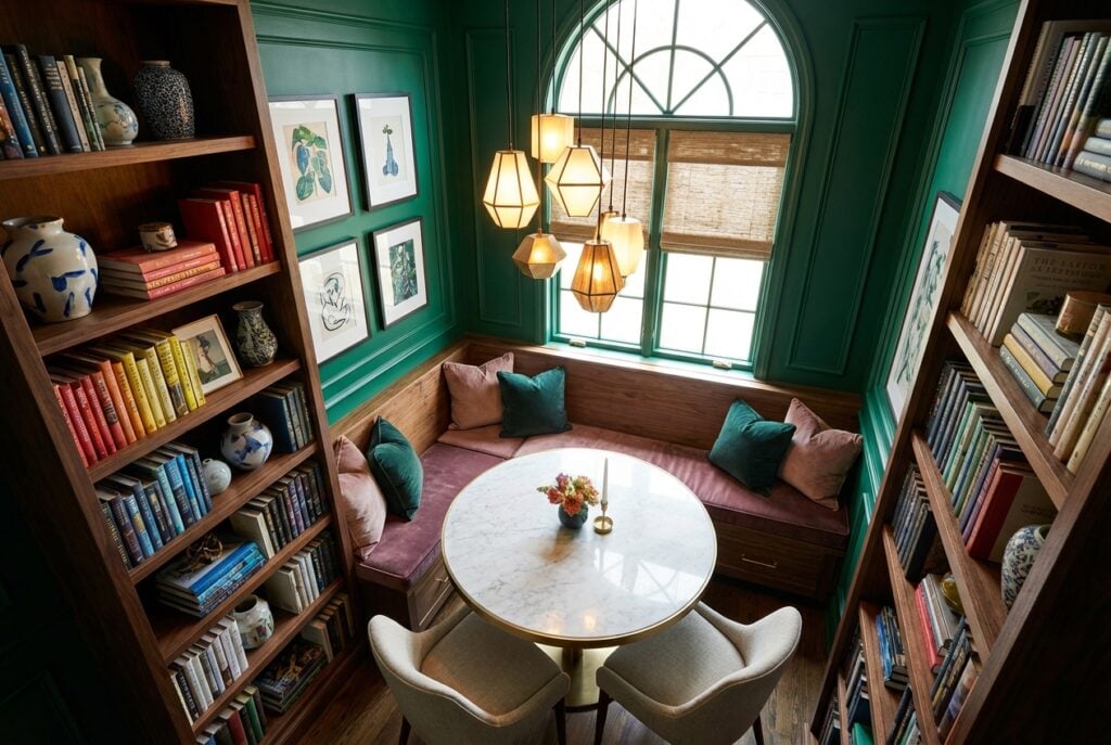 Small dining table surrounded by tall bookshelves creating cozy reading nook atmosphere