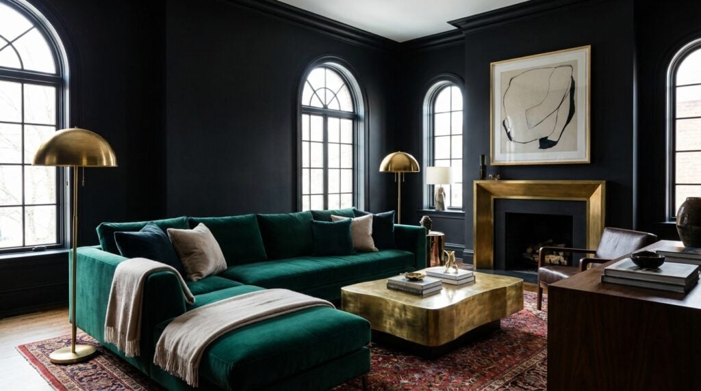 A moody living room with velvety black walls, emerald velvet sofa, and warm brass accents creating luxury atmosphere.