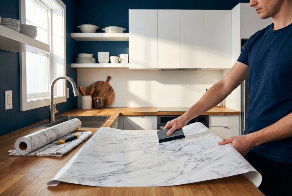 Person applying marble-patterned vinyl film to kitchen countertop with squeegee