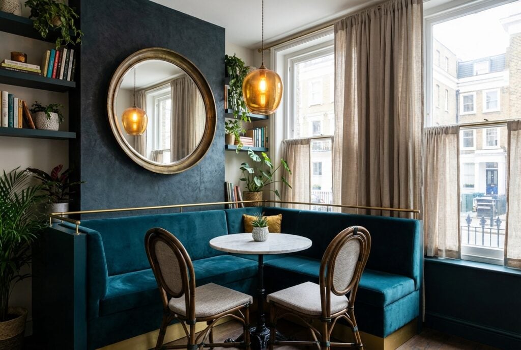 Large wall mirror behind dining table reflecting pendant light and creating depth