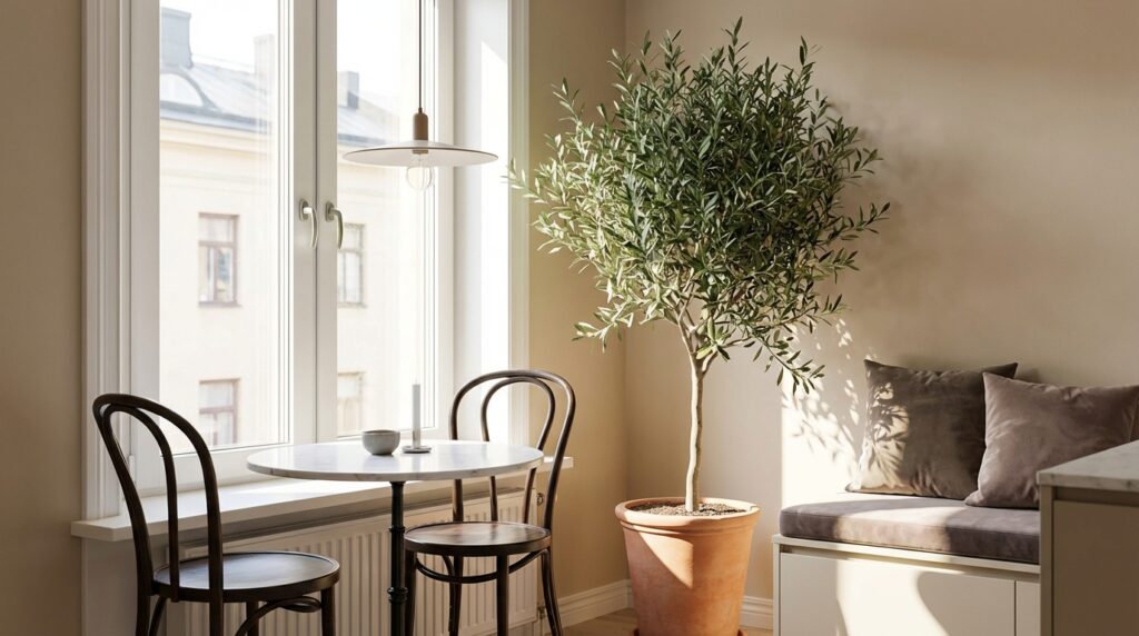 10 Tiny Dining Corners That Feel Like a Private Bistro Booth A sunlit tiny dining corner with marble table and black chairs creating an intimate dining nook atmosphere