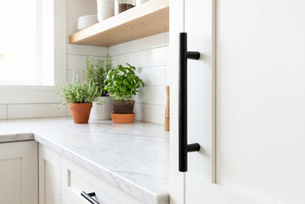 Installing modern matte black cabinet handle on white cupboard