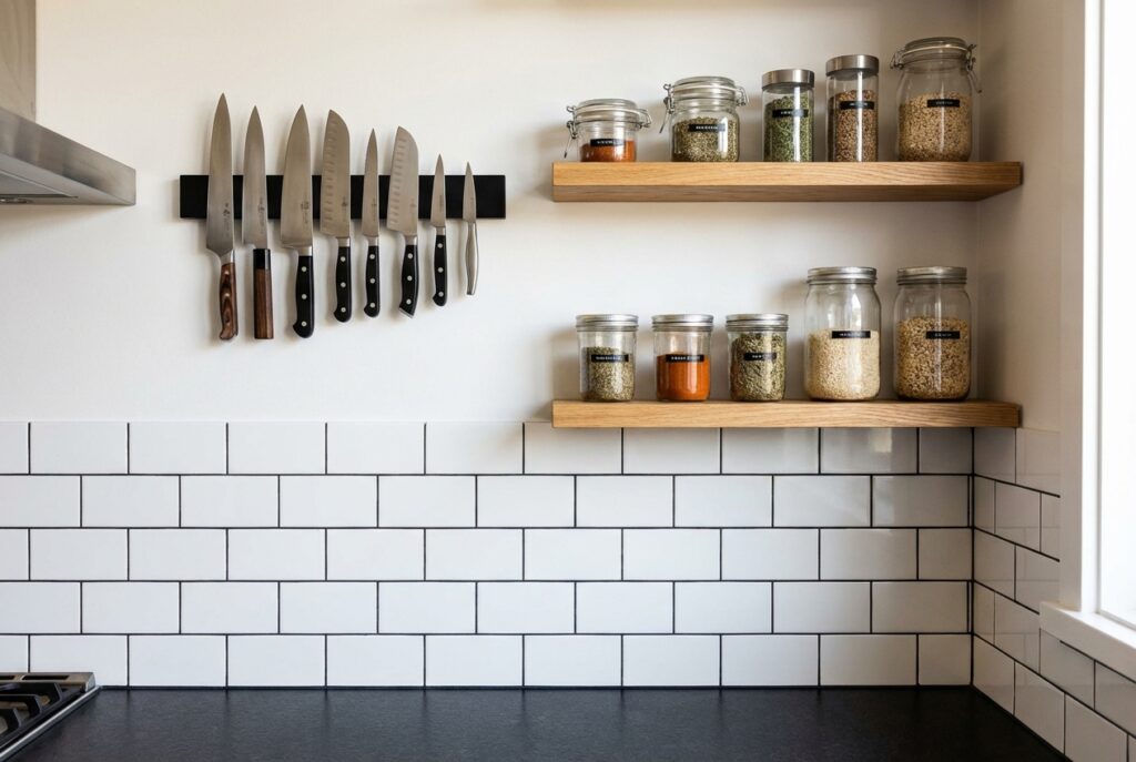 Organized kitchen wall with magnetic knife strip and floating shelves holding glass jars
