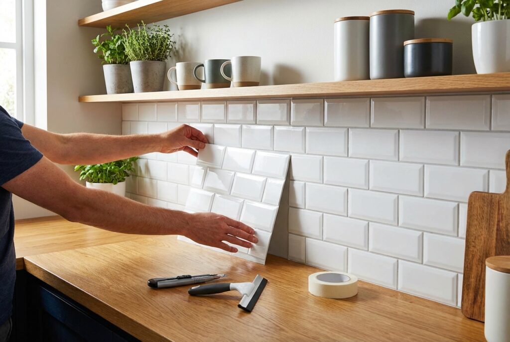 White subway-style peel-and-stick backsplash being applied to kitchen wall