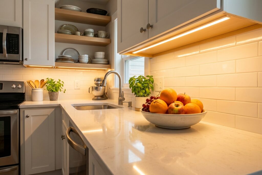 Warm LED strip lighting glowing underneath upper kitchen cabinets illuminating countertop