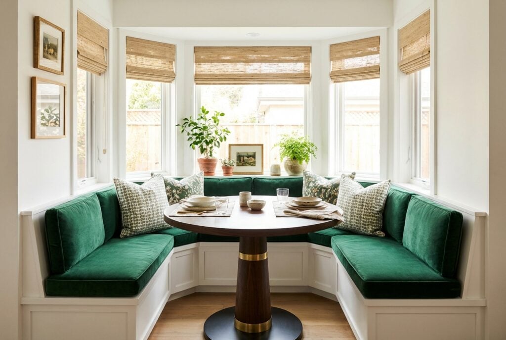 Built-in window bench with cushions serving as seating for small breakfast table
