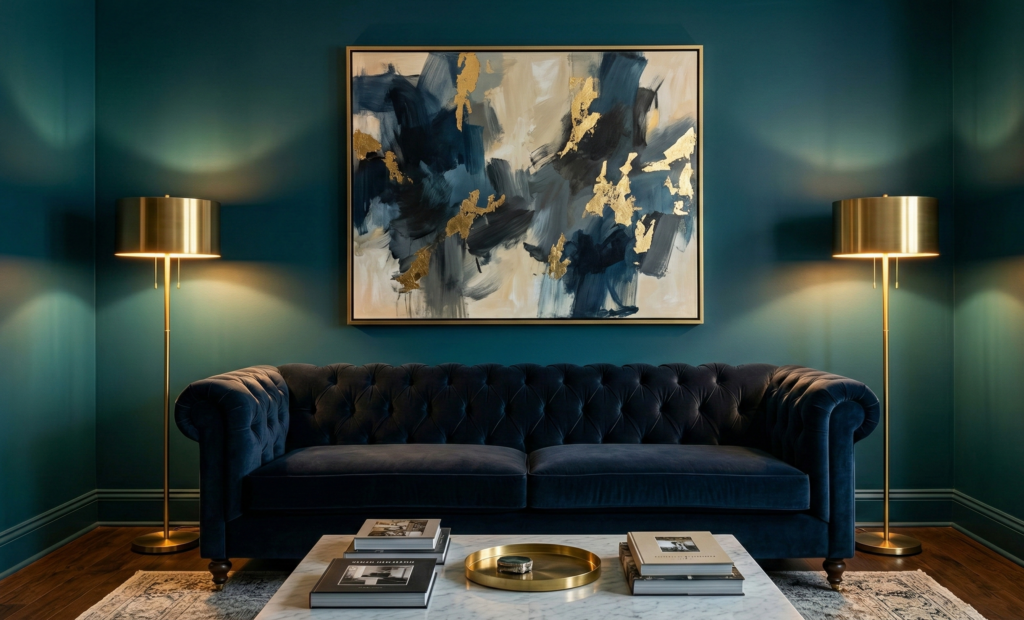 A sophisticated living room featuring deep Midnight Teal walls, a navy blue velvet chesterfield sofa, brass floor lamps, and a large gold leaf abstract painting.