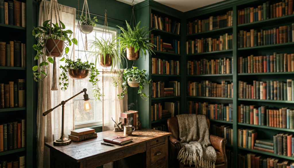 A moody dark green reading room with floor to ceiling bookshelves, a rustic wooden desk, and several hanging ivy plants in front of a sunlit window.