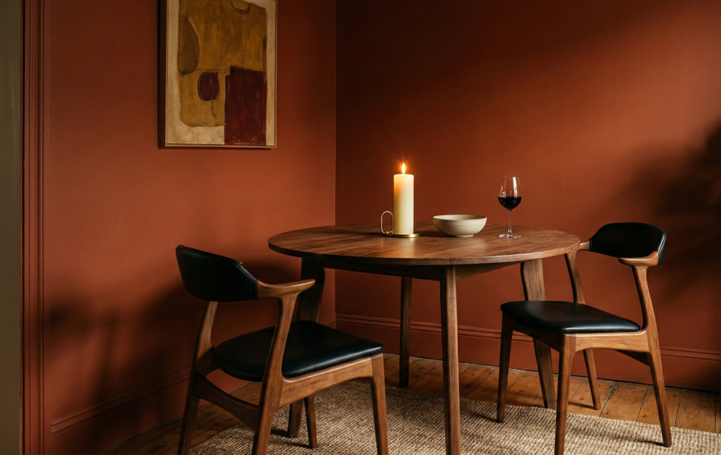 An intimate dining nook with earthy burnt terracotta walls, a round wooden table, and two mid century modern chairs lit by a single candle.