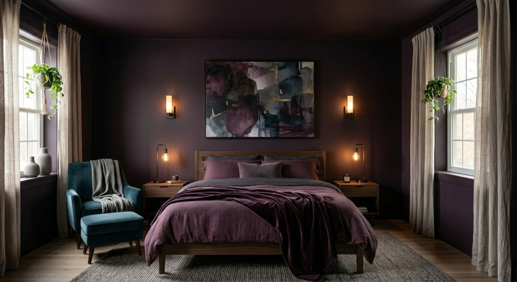A creative suburban bedroom with Smoked Aubergine walls and ceiling, a dark wood bed with velvet purple bedding, and warm brass wall sconces.