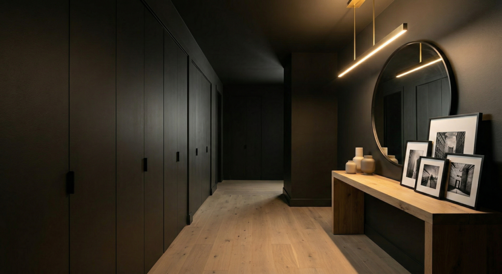 A wide angle low perspective shot of a suburban hallway with dark charcoal Iron Ore walls, built in closet doors, and a sleek linear brass light fixture.