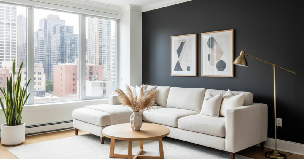 How to Use Matte Black Paint Without Making Your Room Feel Like a Cave Modern living room with matte black accent wall, white trim, and bright natural lighting