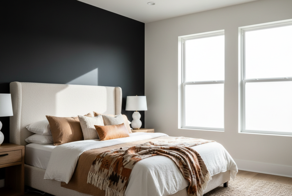 Bedroom with matte black accent wall behind bed and white trim detail