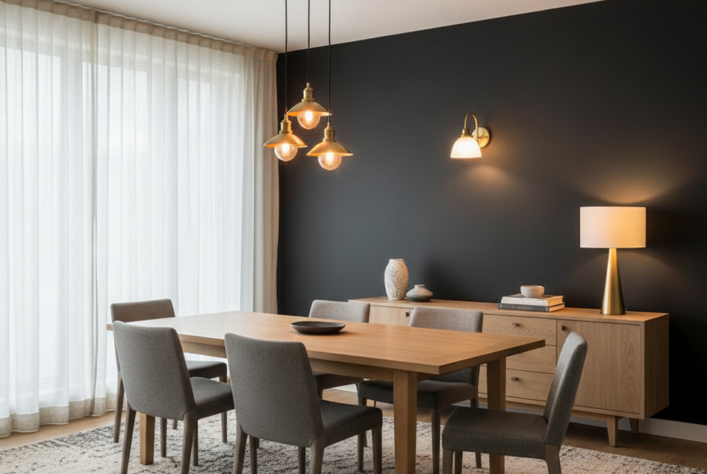 Black accent wall in dining room with layered lighting from multiple sources