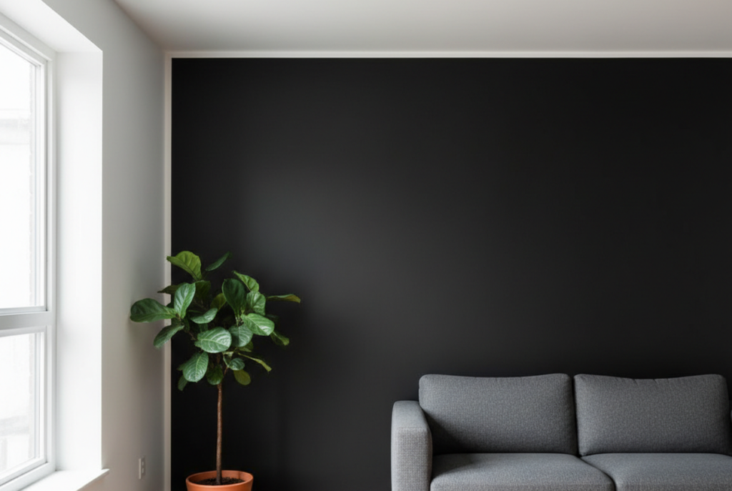 Matte black wall with white ceiling showing proper paint line separation