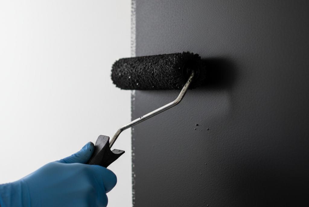 Paint roller applying matte black paint to properly prepped and primed wall